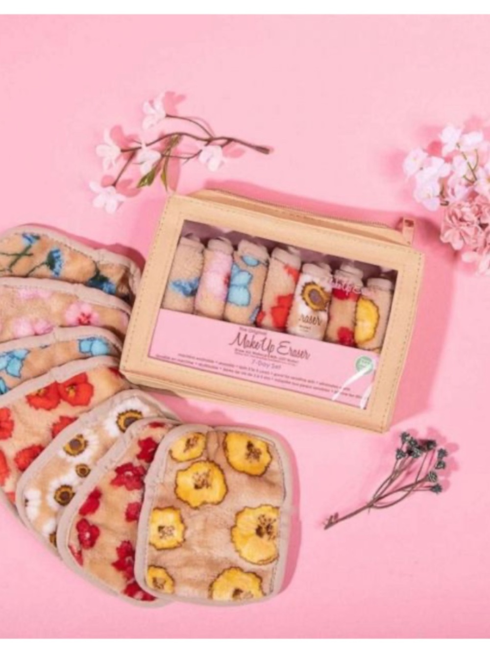 The Original MakeUp Eraser 7-Day Floral Cloth Set in Tan Case